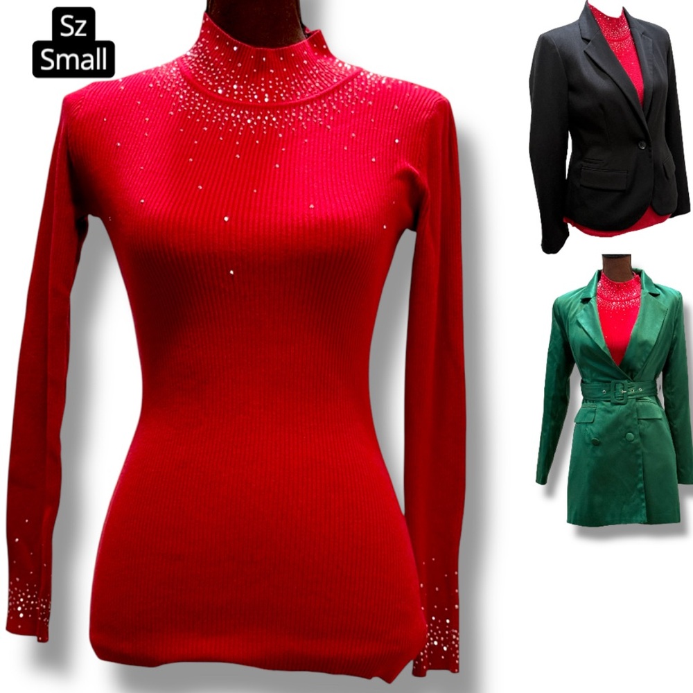 Women Sweater, Red w/Sparkling Silver Accents, Christmas, Ribbed, Holiday Top XS